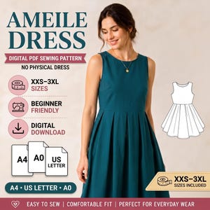 Dress Sewing Pattern PDF | Amelie Fit-And-Flare, Sleeveless Pleated Design, XXS–3XL