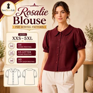 May include: A PDF sewing pattern for the Rosalie Blouse, featuring a dark maroon button-down shirt with a rounded collar and puff sleeves. The graphic includes text for sizes XXS-5XL, A4, US Letter, and A0 printing formats, plus a line drawing.