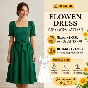 May include: A PDF sewing pattern for the Elowen dress, featuring a square neckline, puff sleeves, and a waist bow. The pattern includes sizes XS-XXL, compatible with A4 and US Letter formats, and provides step-by-step instructions for beginners.