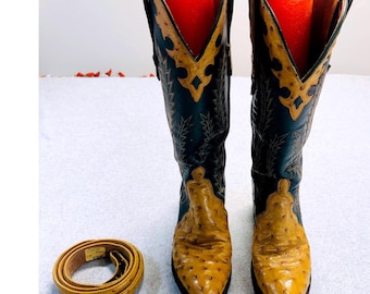 Vintage Ammons Handmade El Paso TX Genuine Ostrich Cowboy Boots & Matching Belt