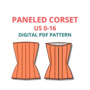 Puede incluir: Un patrón de corsé con paneles en PDF digital, con una vista frontal y posterior de la prenda. El patrón es para tallas españolas 34-48.