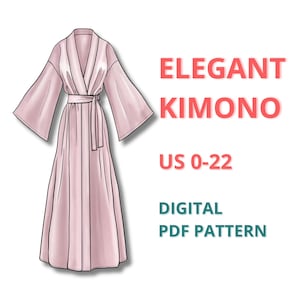 Könnte beinhalten: Ein hellrosa Kimono mit weiten Ärmeln und einem Taillengürtel. Der Text ELEGANT KIMONO, US 0-22 und DIGITAL PDF PATTERN ist in Rot und Blaugrün dargestellt. Digitale Schnittmuster-Illustration mit Vorderansicht des Kleidungsstücks.
