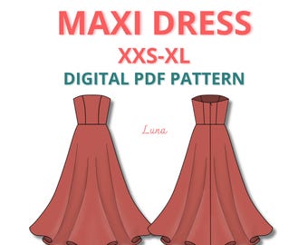 Maxi Corset dress sewing pattern, Easy A line gown pattern for beginners, strapless prom dress pattern, Bridal gown pdf sewing pattern