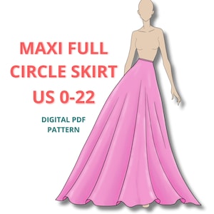 May include: A digital PDF sewing pattern for a maxi full circle skirt. The pattern is available in UK sizes 6-28.