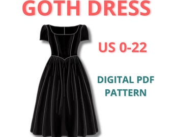 Goth dress pdf sewing pattern, halloween costume Wednesday dress pattern, beginner friendly cosplay costume, dress with sleeves pattern
