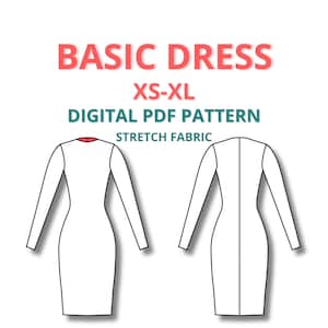 May include: Line drawing of a basic dress pattern for sewing. The pattern is for sizes XS-XL and is designed for stretch fabric. The text "BASIC DRESS" and "DIGITAL PDF PATTERN" is included in the image.