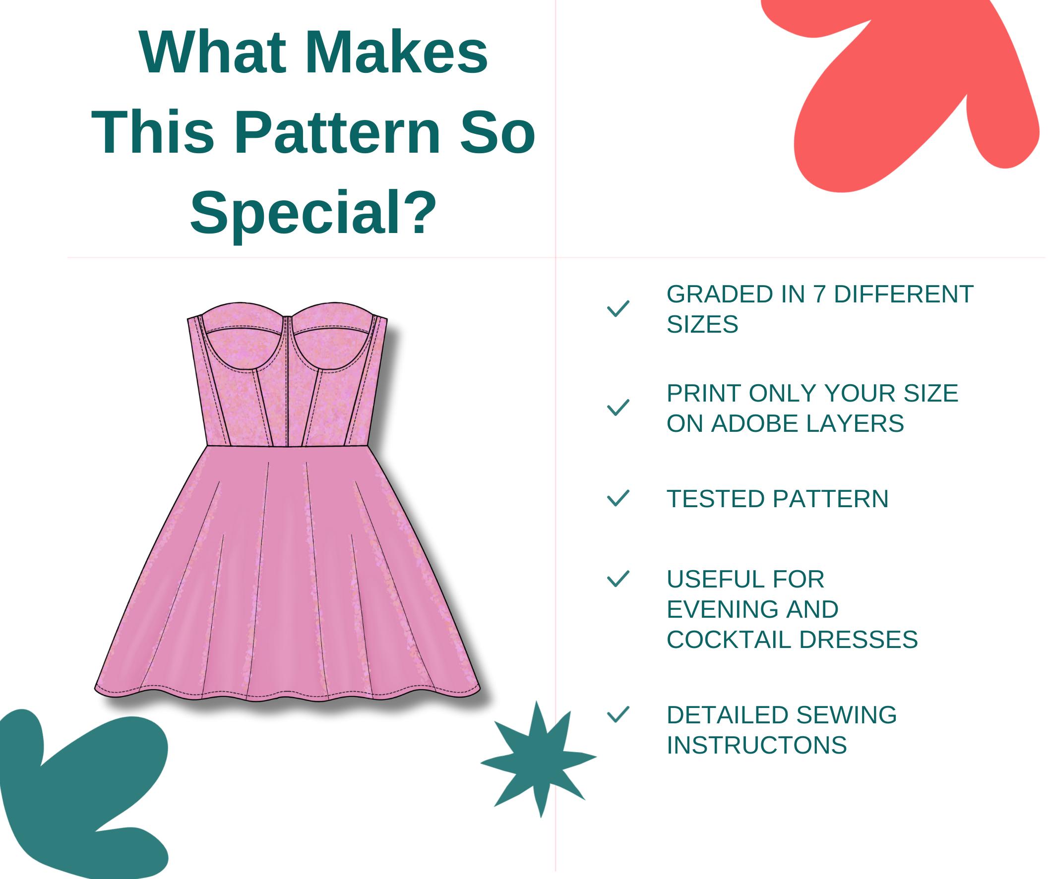 strapless skater dress pattern Mini Corset Dress Sewing Pattern, Skater Dress Pattern for Beginners, Bustier Prom Dress Sewing Pattern, Easy Strapless Corset Dress Pattern