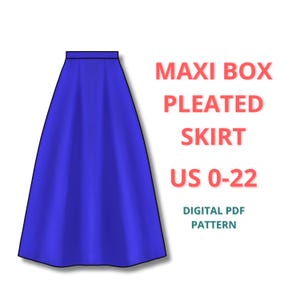Puede incluir: Un patrón PDF digital para una falda maxi plisada en color azul vibrante. El texto en la imagen dice "MAXI BOX PLEATED SKIRT US 0-22 DIGITAL PDF PATTERN". El diseño de la falda se muestra en una ilustración plana.