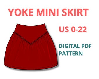 Mini skirt with yoke pattern, High waist mini skirt pattern, easy skirt for beginners, drop waist skirt pdf sewing pattern, gathered skirt