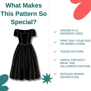 May include: A black dress pattern with a square neckline and a full skirt. The image includes text that reads "What Makes This Pattern So Special?" and lists features like graded sizes and detailed instructions.