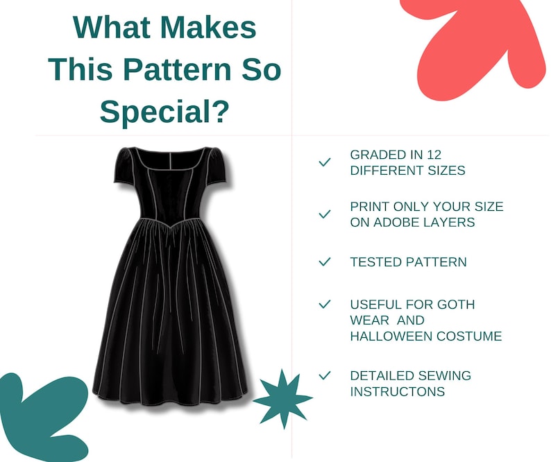 May include: A black dress pattern with a square neckline and a full skirt. The image includes text that reads "What Makes This Pattern So Special?" and lists features like graded sizes and detailed instructions.