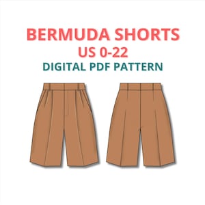 May include: Illustration of two brown Bermuda shorts. The text "BERMUDA SHORTS US 0-22 DIGITAL PDF PATTERN" is displayed in pink and teal. The shorts have a high waist and pleats.