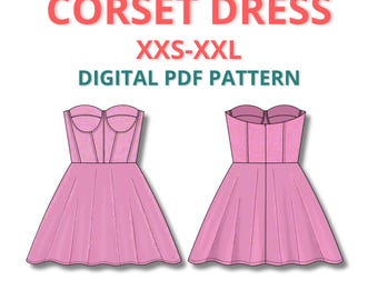Mini corset dress sewing pattern, skater dress pattern for beginners, bustier prom dress sewing pattern, easy strapless corset dress pattern