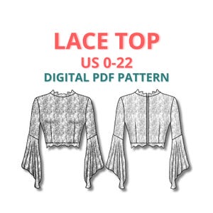Può includere: Disegno a tratto di un modello di top in pizzo. Il design presenta un colletto alto arruffato, maniche lunghe con polsini svasati e una lunghezza corta. Il testo "LACE TOP US 0-22 DIGITAL PDF PATTERN" è visualizzato in rosso e verde acqua.