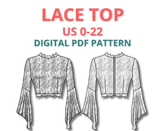 Crop Top Sewing Pattern with Long Flared Sleeves, Elegant top with long sleeves, lace turtleneck top for women, easy lace top for beginners
