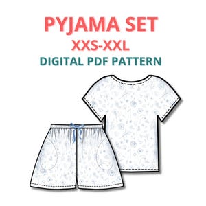 Cartamodello per pigiama per principianti, cartamodello per pantaloncini da casa con elastico in vita e tasche, abbigliamento da notte estivo da donna, cartamodello per abbigliamento da casa in formato PDF