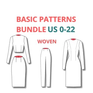 Peut inclure: Illustration numérique de trois patrons de vêtements de base pour tissus tissés. Les patrons comprennent un haut à manches longues, une jupe et un pantalon. Le texte "BASIC PATTERNS BUNDLE US 0-22 WOVEN" est en haut de l'image.