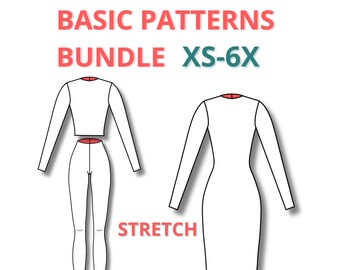 BUNDLE Basic-Block für Frauen für Stretch-Stoffe, digitales PDF-Schnittmuster, anfängerfreundlich, Basic-Leggings, Basic-Kleid, Basic-Mieder