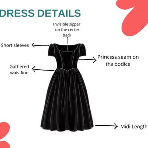 May include: A black midi-length dress with short sleeves, a gathered waistline, and princess seams on the bodice. The dress features an invisible zipper on the center back. The image includes the text "DRESS DETAILS".