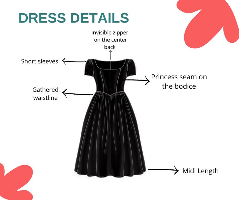 May include: A black midi-length dress with short sleeves, a gathered waistline, and princess seams on the bodice. The dress features an invisible zipper on the center back. The image includes the text "DRESS DETAILS".