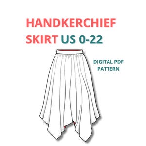 Puede incluir: Un patrón PDF digital para una falda de pañuelo, adecuado para las tallas US 0-22. La ilustración muestra una falda blanca con una cintura roja.