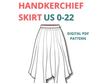 Taschentuch Rock Schnittmuster, asymmetrischer Rock Schnittmuster, fließender Midi Rock, einfaches Sommerrock Schnittmuster, Feenrock für Anfänger