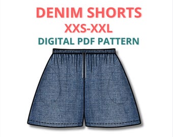 Easy denim shorts sewing pattern for beginners, shorts pattern for women, summer shorts pattern, loungewear elastic band pants pattern