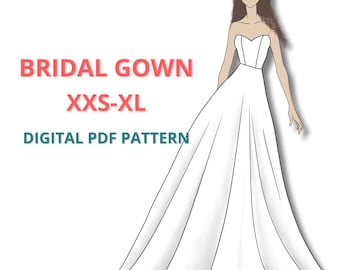 Brautkleid PDF Schnittmuster, Maxi Korsett Kleid Schnittmuster, Sweetheart A-Linie Abendkleid Schnittmuster für Anfänger, trägerloses Abendkleid Schnittmuster