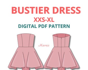 Mini corset dress pattern, Skater Dress Sewing Pattern for beginners, A line dress pattern, Strapless dress pattern, easy bustier dress pdf
