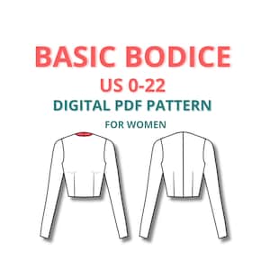 以下が含まれることがあります： サイズUS 0-22に対応する、ベーシックなボディーのデジタルPDFパターン。パターンには、長袖でクロップド丈のボディーの正面と背面のビューが含まれています。