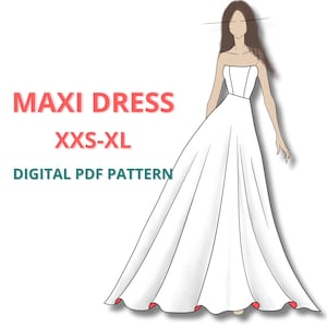 May include: A digital PDF pattern for a maxi dress, with sizes XXS-XL. The pattern is illustrated with a line drawing of a woman wearing the dress.