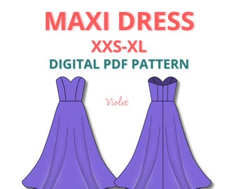 Maxi Corset dress sewing pattern, sweetheart A line gown pattern for beginners, strapless prom dress pattern, bridal dress pattern