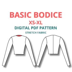Könnte beinhalten: Ein digitales PDF-Muster für ein einfaches Oberteil, geeignet für dehnbare Stoffe. Das Muster umfasst die Größen XS-XL. Das Bild zeigt eine Strichzeichnung der Vorder- und Rückseite des Oberteils.