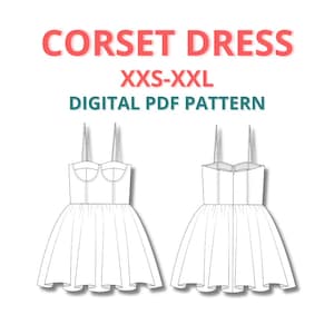 Mini Corset Dress sewing pattern with adjustable spaghetti straps, Bustier prom Dress with gathered skirt, bustier with cups dress pdf