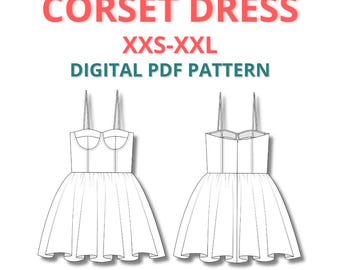 Mini Corset Dress sewing pattern with adjustable spaghetti straps, Bustier prom Dress with gathered skirt, bustier with cups dress pdf