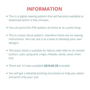 Basic Bodice Block for Women, Digital PDF Sewing Pattern, Beginner Friendly sewing pattern, basic sloper for fashion students, easy pattern