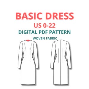 May include: A digital PDF pattern for a basic dress, suitable for sizes UK 4-26. The pattern is designed for woven fabric. The image shows a line drawing of the dress from the front and back.