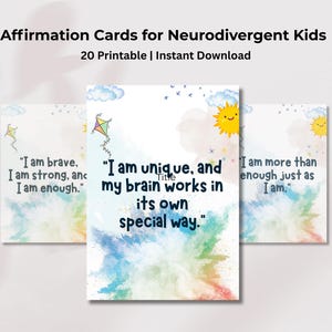 20 Cartões de Afirmação Imprimíveis e Empoderadores para Crianças Neurodiversas - TDAH e Autismo. Baralho de Cartões de Afirmação Digitais para Crianças