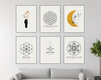 Boho Celestial Prints Set Of 7 Modern Wall Art Neutral Abstract Geometric Black White Text Minimalist Gallery Mystical Astrology Decor