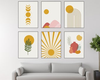 Boho Prints Set Of 8 Prints Modern Wall Art Sun Abstract Geometric Pink Yellow Minimalist Mid Century Modern Gallery Celestial Decor Digital