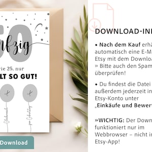 May include: A birthday card with the number 50 in gray, the word "f&uuml;nfzig" in cursive, and the phrase "ist wie 25, nur DOPPELT SO GUT!" in black. The card has three balloon-like shapes with scissors and text. The card is on a white background.