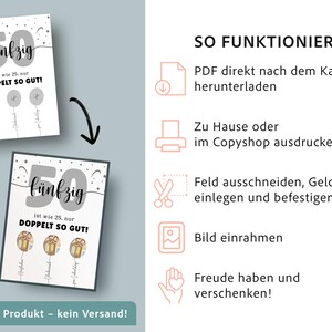 May include: Two white cards with the text "f&uuml;nfzig" and "ist wie 25. nur DOPPELT SO GUT!" in black and gray. The cards have illustrations of balloons. The text "Digital product - no shipping!" is at the bottom. Instructions are on the right.