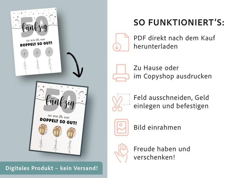 May include: Two white cards with the text "f&uuml;nfzig" and "ist wie 25. nur DOPPELT SO GUT!" in black and gray. The cards have illustrations of balloons. The text "Digital product - no shipping!" is at the bottom. Instructions are on the right.