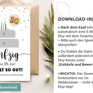 Op de afbeelding: Verjaardagskaart met een taartillustratie, kaarsen en het getal 50 op een gouden ballon. De kaart bevat de tekst "f&uuml;nfzig ist wie 25, nur DOPPELT SO GUT!" en "Sofort Download".