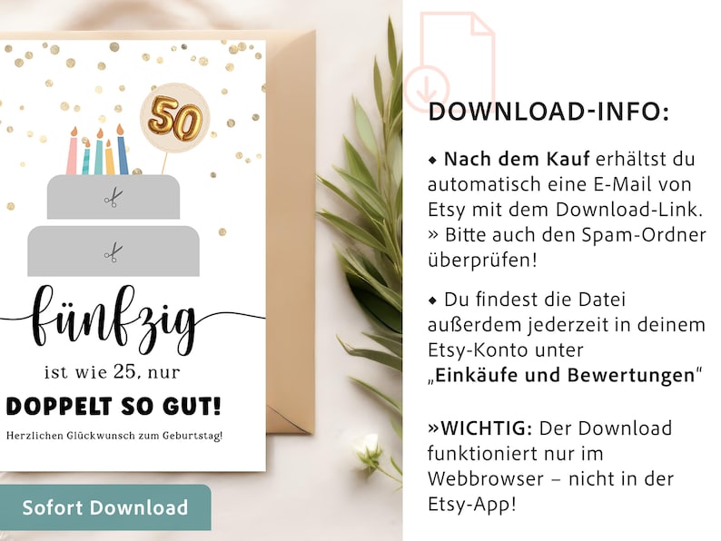 Op de afbeelding: Verjaardagskaart met een taartillustratie, kaarsen en het getal 50 op een gouden ballon. De kaart bevat de tekst "f&uuml;nfzig ist wie 25, nur DOPPELT SO GUT!" en "Sofort Download".