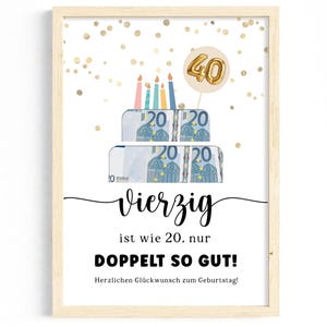 Presente de aniversário de 40 anos em dinheiro para imprimir | Pôster digital em PDF | Presente DIY de última hora para homens e mulheres | Ideia redonda de aniversário para imprimir
