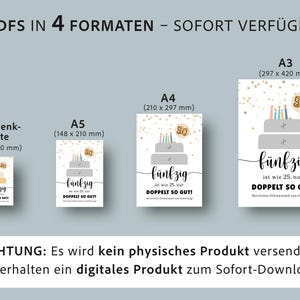 Op de afbeelding: Digitale download van een verjaardagskaartontwerp in vier formaten: cadeaukaart, A5 (148 x 210 mm), A4 (210 x 297 mm) en A3 (297 x 420 mm). Het ontwerp toont een taart met kaarsen en het getal 50.
