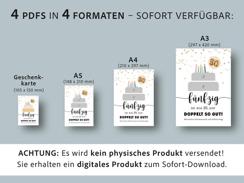 Op de afbeelding: Digitale download van een verjaardagskaartontwerp in vier formaten: cadeaukaart, A5 (148 x 210 mm), A4 (210 x 297 mm) en A3 (297 x 420 mm). Het ontwerp toont een taart met kaarsen en het getal 50.