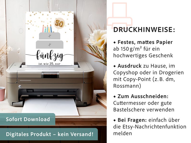 Op de afbeelding: Een verjaardagskaart met een taartontwerp en het nummer 50, weergegeven in een printer. De kaart heeft het Duitse woord "f&uuml;nfzig" en de tekst "ist wie 25. nur". De afbeelding bevat ook afdrukinstructies.