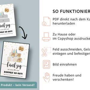 Op de afbeelding: Twee verjaardagskaarten met een taartontwerp en het nummer 50. De kaarten hebben Duitse tekst met de tekst "f&uuml;nfzig ist wie 25. nur DOPPELT SO GUT!" en "Digitaal product - geen verzending!"